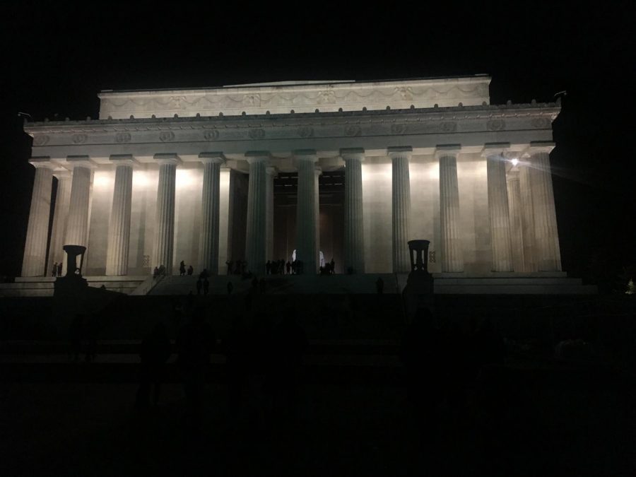 The Lincoln Memorial, taken from afar, at night.