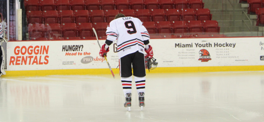 Cox takes the ice for his senior night hockey game at Goggin Ice Center.