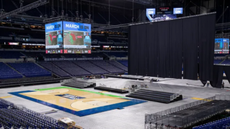 Lucas Oil Stadium, home of the Indianapolis Colts, prepares to host the 2021 NCAA basketball tournament games.