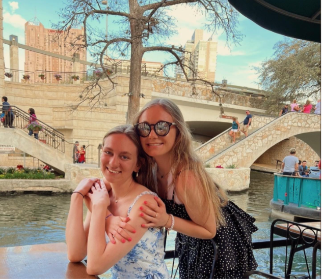 Juniors Sydney Prewitt and Olivia Mueller pose for a picture at the RiverWalk in San Antonio, Texas while on spring break. 