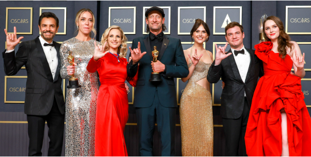 The Cast of Apple TV’s 2021 film, CODA , after winning Best Picture at the 94th annual Oscar Academy Awards on March 27, 2022. 