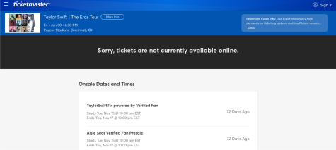 Ticketmasters page for Taylor Swifts The Eras Tour, where no tickets are available for purchase. 