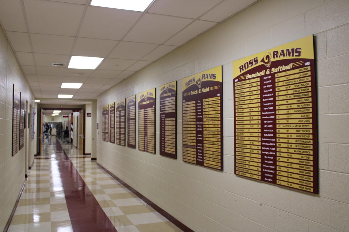 A view of the record boards hung in RHS's athletic hallway.